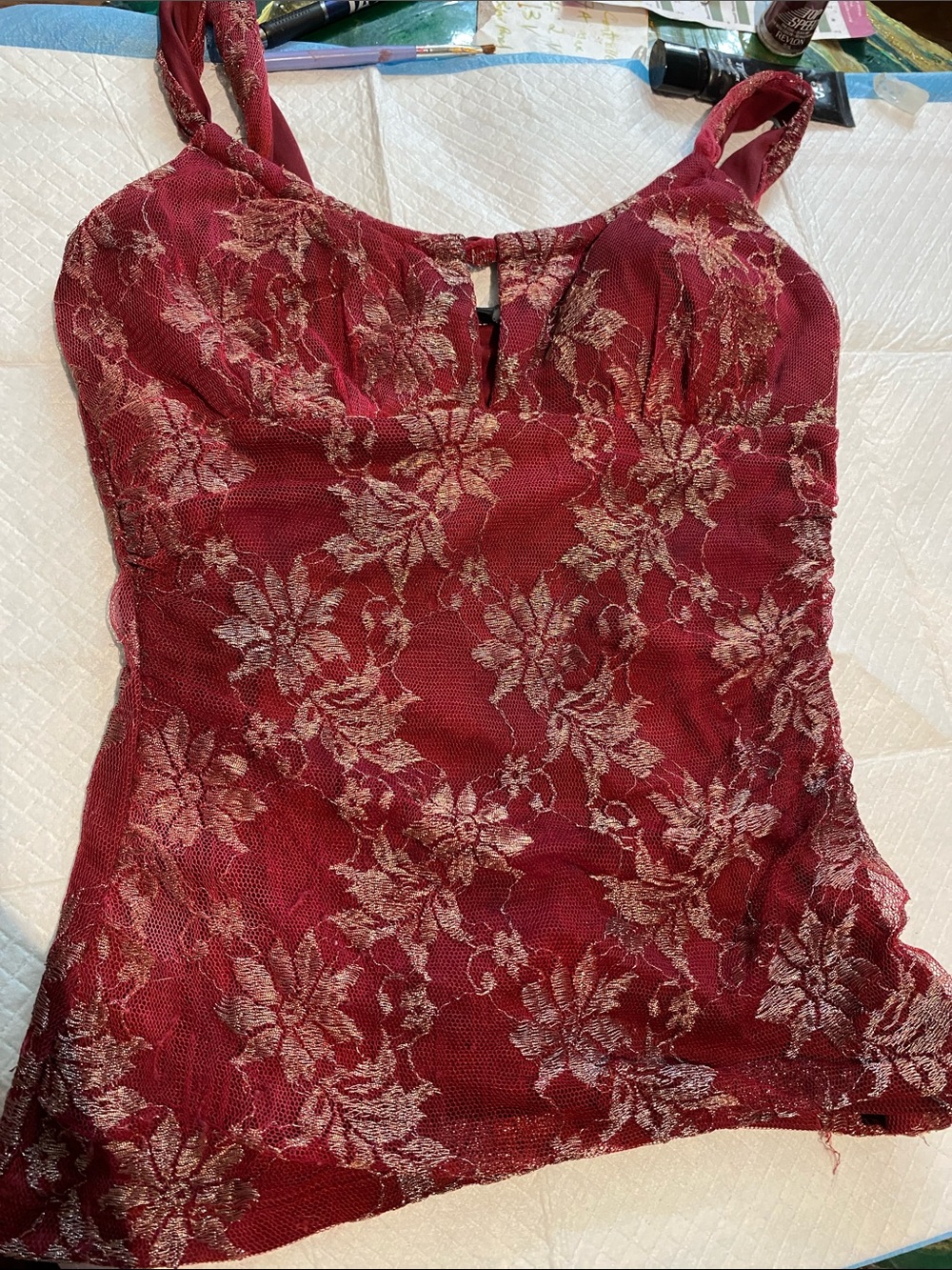 Le Chateau Red Lace Top with Gold Floral Embroidery